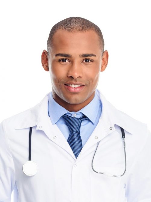 african american male doctor in white coat with stethoscope isolated on white e1625182341218